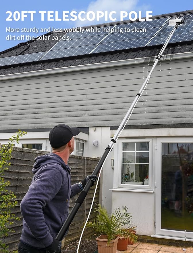 Electric Solar Panel Cleaning Kit, 20FT Solar Panel Cleaning Brush and Pole with Soap Dispenser, Telescopic Water Fed Pole, Solar Panel Cleaner Solution for Windows, Roof, RV