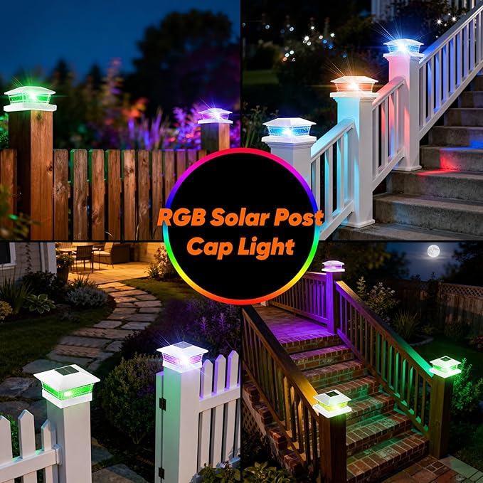 Solar Post Cap Lights White with 8 RGB Solid Colors & Color Changing, 8 Pack Solar Vinyl Fence Post Cap Lights for Porch Yard Garden，Deck Post Lights Waterproof for 4x4 5x5 6x6 Vinyl/Wooden Posts
