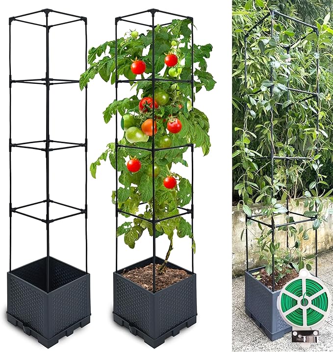 Raised Garden Bed Planter Box, 2 Pack 56" Self-Watering Tomato Planter with Trellis for Climbing Vegetables Plants Grape Fruit Flowers,Use for Indoor Outdoor Garden Patio