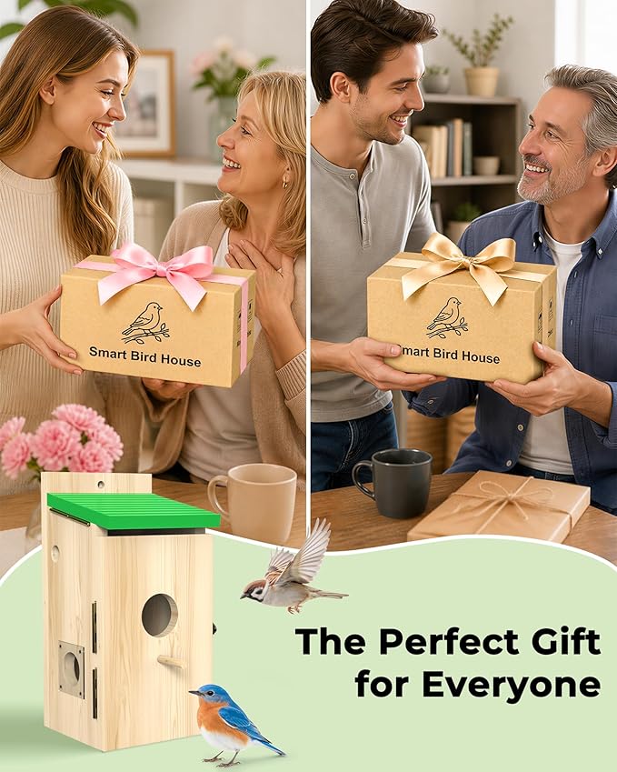 Bird House with Camera Solar Powered, Wi-Fi,Motion Detection & Night Vision,Pine Wood Birdhouse with Camera Inside,Ideal for Backyard & Nature Lovers(Light Green)