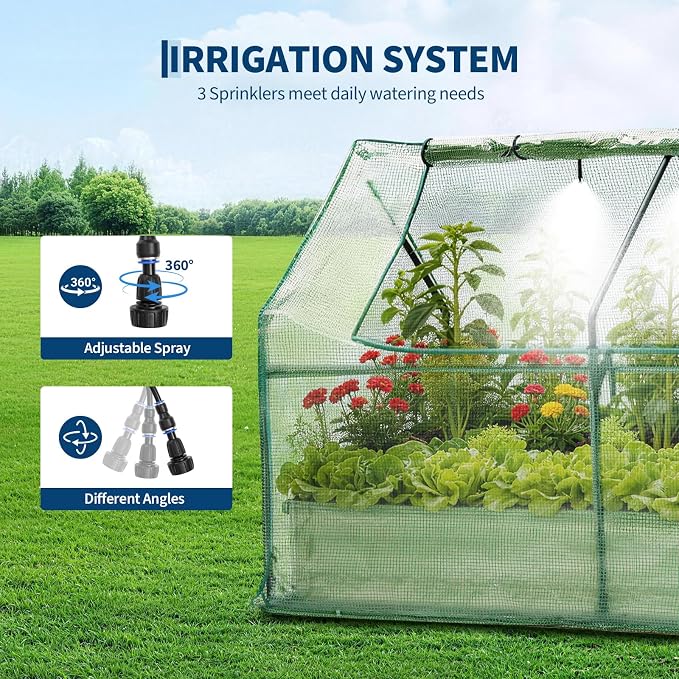 Garvee 48"x24"x12" Raised Garden Bed Kit with Pitched Roof Greenhouse Cover & Irrigation, 3-in-1 Metal Planter Box with Self-Watering System & Insect Mesh, Outdoor Raised Bed for Vegetables Flowers