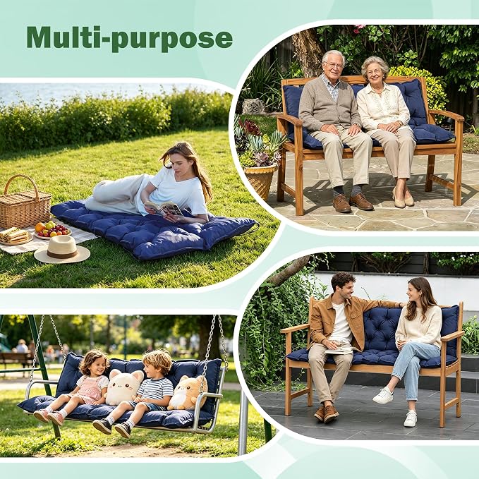 Porch Swing Cushions, 60x40 Inch Swing Cushions for Outdoor Furniture, Waterproof 3 Seater Patio Seat Cushion with Backrest, Replacement Bench Cushion for Glider, Settee, Navy Blue