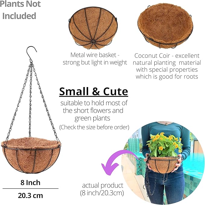 LaLaGreen Hanging Baskets (8 Inch, 10 Pack) Small Hanging Planter with Coco Liner Round Flower Pots, Black Outdoor Planters Basket Metal Wire Holder Hook Deck Porch Modern Garden Balcony Decorations