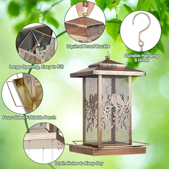 LBTING Bird Feeder for Outside, Metal Lantern-Shaped Bird Feeder, Wild Bird Feeders for Hanging Outdoor Garden Yard, Birds Pattern