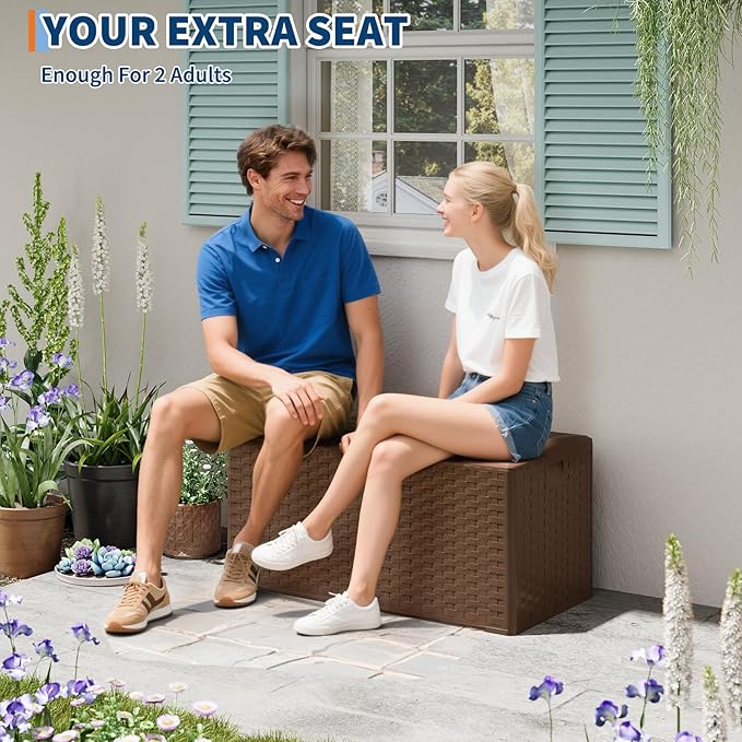 100 gal Outdoor Storage Box with Support Rod, Large Lockable Storage Container for Patio, Waterproof Storage Bin for Garden, Cushions, Tools,Brown