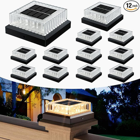 Solar Post Cap Lights: 12 Pack Fence Post Lights Outdoor 3000K with Clear Lampshade for 4×4/3.5×3.5 Wooden/Vinyl Posts, IP65 Waterproof 10-12H Lasting for Backyard Deck Patio