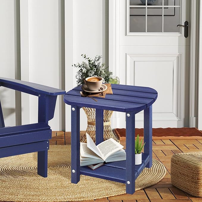 LZRS 2-Tier Patio Side Table, Heavy Duty HDPE Outdoor End Table with Wood Texture, Weatherproof Composite Table for Adirondack Chairs, Deck, Pool, Indoor/Outdoor, No Peeling Cracking(Navy Blue)