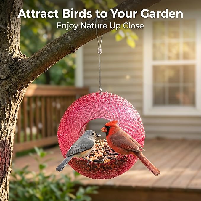 Topadorn Wild Bird Feeder Fly Through Garden Hanging Bird Feeder Mosaic Circle Squirrel Proof for Outdoor Decoration, Red