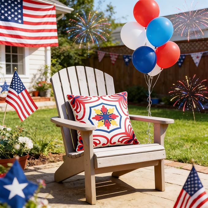 Pyonic 4th of July Outdoor Pillows Waterproof Throw Pillow Covers Set of 4 Red Blue White Floral Printed Patriotic Outdoor Pillow Covers for Patio Funiture Garden 18x18 Inch-Double Side