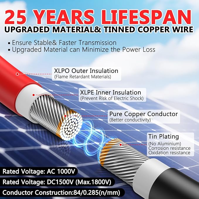 Vansdon 2x30 Feet Solar Panel Extension Cable, 12AWG Solar Cable, Solar Panel Cable with Female and Male Waterproof Connectors for RV, Photovoltaic Systems (30FT Red + 30FT Black)