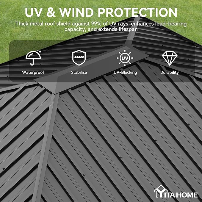 YITAHOME 10'X12' Single Hardtop Gazebo Metal Outdoor Patio Galvanized Iron Aluminum Column Garden Tent Curtains Netting for Backyards Decks Lawns,Gray