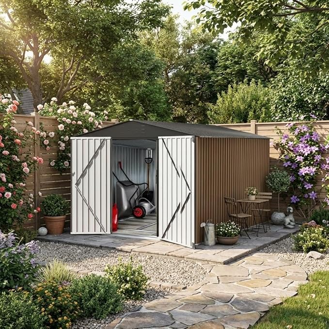 8x12 ft Metal Storage Shed, Outdoor Garden Tool Sheds with Sturdy Frame Structure, Large Metal Storage Shed with Lockable Door for Garden, Lawn, Backyard, Brown