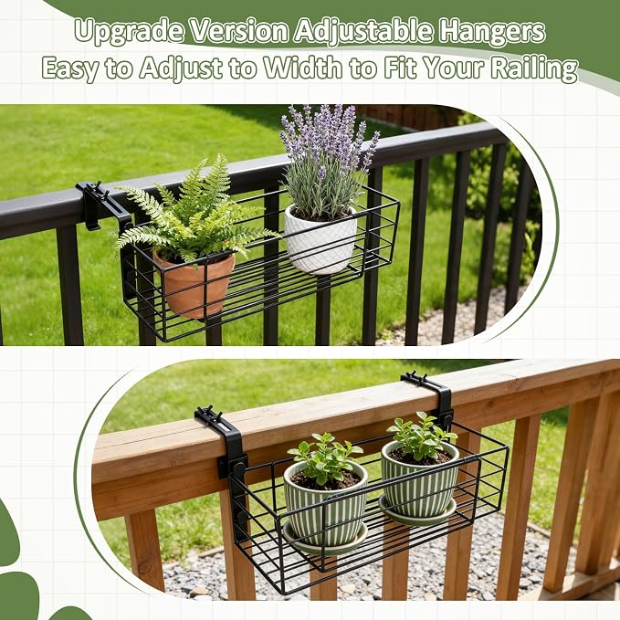 Youyole Railing Hanging Planter Holders, Adjustable Balcony Flower Pot Rack Stand, Expands 14"-27" Iron Hanger Hooks Fit Almost Any Balcony, Fence or Deck Railing up to 6" Wide(Black)