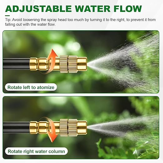 Drip Irrigation System, 30FT 1/4" Garden Watering for Outdoor Plants & Raised Beds, 10pcs Upgraded Brass Nozzles 360° Adjustable Misting Kit, UV-Resistant Tubing for Greenhouse, Lawn & Patio Cooling