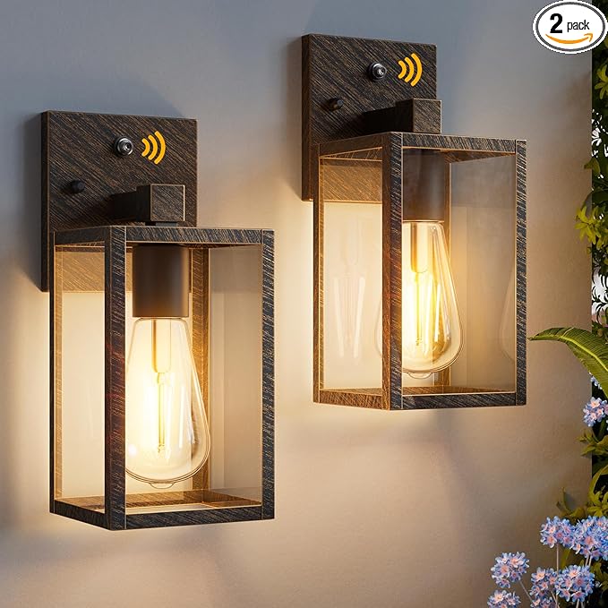 2 Pack Black Brush Gold Dusk to Dawn Exterior Lighting Fixtures Wall Mount, Sensor Outside Front Porch Lights for House, Outdoor Lantern Lamp, Wall Sconce Lights, Coach Light for Garage Entryway