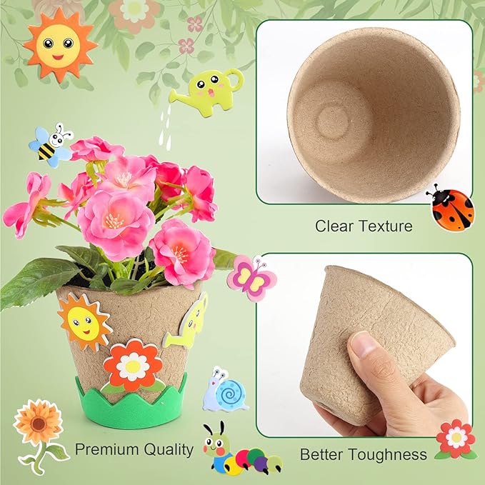 Ayfjovs Garden Paper Pot Craft Kit, 55 Pack Flower Plant Spring Craft for Kids with 200 PCS Adhesive Foam Stickers and 55 PCS Plastic Plant Labels for Kids Craft, Classroom Decor, Mother's Day