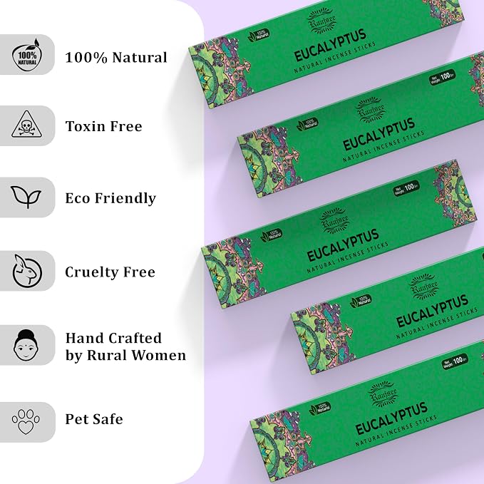 Raajsee Incense Sticks – Eucalyptus (180 gm), 100% Pure Organic Natural Hand Rolled Free from Chemicals - Perfect for Aromatherapy, Cleansing, Meditation, and Church (Pack of 12)