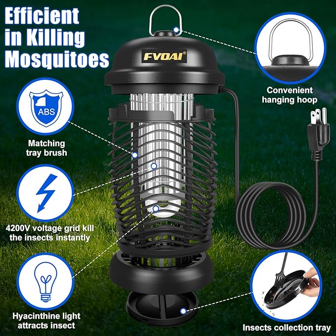 FVOAI Bug Zapper Outdoor, Mosquito Zapper, Fly Zapper, Insect Zapper Electric Fly Traps for 1/2 Acre, Indoor Outdoor Use with 3 Prong Plug-in,4200V, ABS Plastic Outer, Black