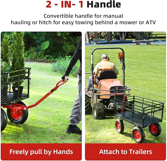 GarveeTech Heavy-Duty Metal Wagon Dump, 1440lbs Steel Garden Dump Cart, with Removable Mesh Sides, 2 in 1 Push and Pull 180° Rotating Handle & 16in All Terrain Wheel for Garden, Yard