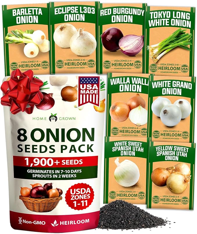 HOME GROWN 8 Onion Variety Mix 1600+ Heirloom Non-GMO Seeds for Planting, High Germination, Red, Yellow, White, Sweet Vidalia, Spanish Bulb Onions, Green Scallions, Indoor Outdoor Garden (Allium cepa)