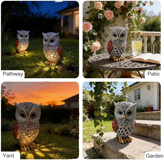 Solar Garden Decor Owl Statues Figurine,Solar Hollow Out Waterproof Lantern for Patio Balcony Yard Lawn,Home Decor,Mother's Day Birthdays Gifts for Mom Grandma Women