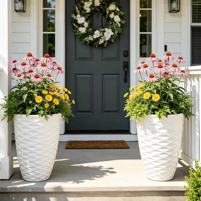 19" Nordic Wavy Tall Outdoor Planters, Set of 2 Ultra Durable Resin Large Flower with Drainage Holes, Weather-Resistant Outdoor Planters for Garden Patio Porch Balcony Living Room Office Decor