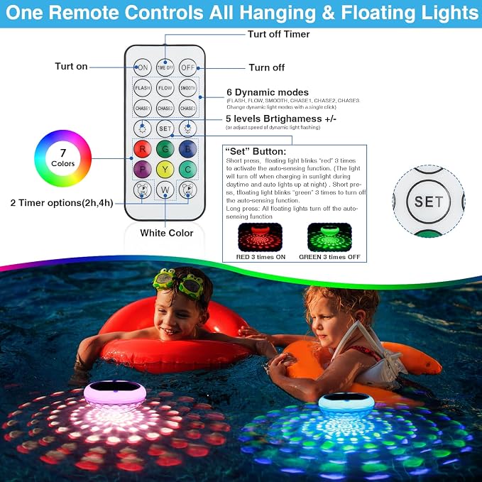 Solar Pool Lights(1 PCS), 2600mAh USB Rechargeable Floating Pool Lights, 6.7" IP68 Waterproof Solar Floating Light with Remote, RGB 13 Colors Upper and Lower Glow Hangable Light for Path, Hot Tubs