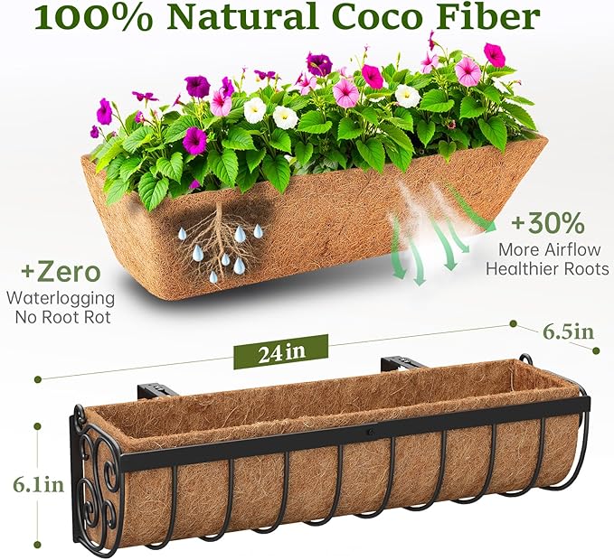 VOXOR Railing Planter Boxes, 24 Inch Window Boxes Planters, Balcony Planters with Adjustable Brackets & Coco Liner & Support Rod for Outdoor Fence, Deck, Porch, and Patio Gardening, 2 Pack