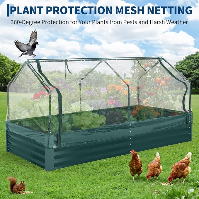 Garvee Galvanized Raised Garden Bed Large Rectangular Kit with Cover Zippered Screen Doors, Open Base Design, Thick Steel, Easy Assembly, Planter Box for Vegetables, Flowers (Dark Green, 6x3x1 ft)