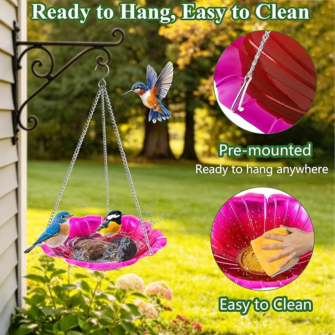 2 Pack Hanging Bird Bath for Outdoors, 11 Inch Metal Bird Feeder Water Bowl with Rust-Proof Stainless Steel Chains Flower Shape Hanging Birdbaths Feeder for Outside Garden Yard Patio Decor