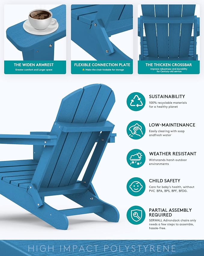 SERWALL Folding Adirondack Chair for Patio Garden Outdoors- Sapphire