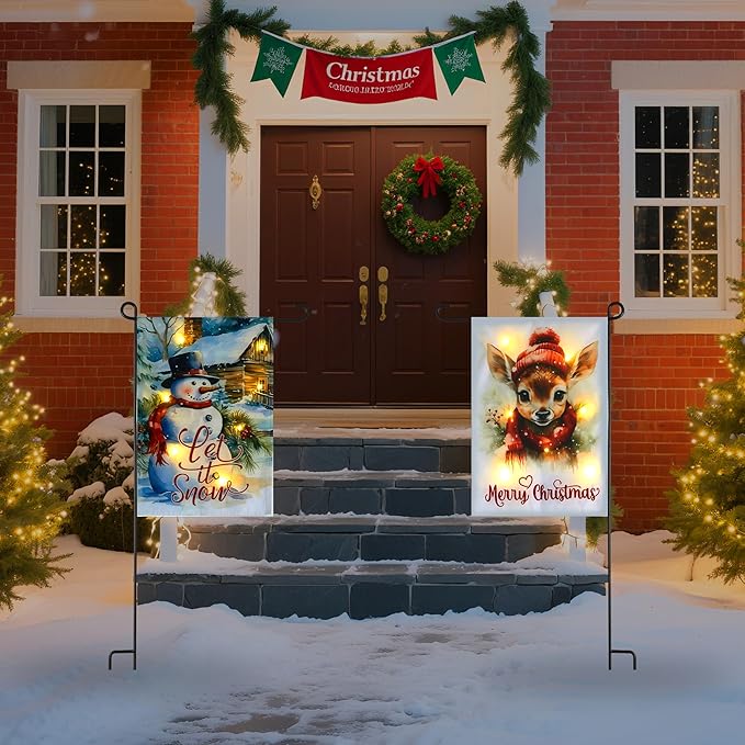 Christmas Garden Flag with Lights for Outdoor, 12x18 Snowman Double Sided Outdoor Flag, Led Solar Lighted Holiday Decoration, Winter House Yard Flags for Outside Lawn Porch Farmhouse Decor