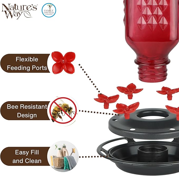 Nature’s Way Poppy Column Antique Red Glass Gravity Hummingbird Feeder with Ant Moat, 23 Ounce Capacity, 6 Flexible Red Lilac Flower Ports, Continuous Perch Ring, Easy-Clean Pewter Plastic Base