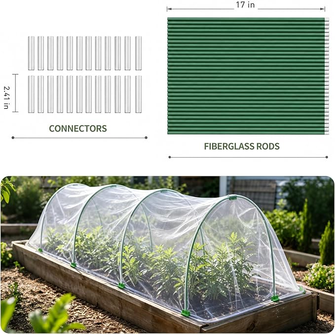 10×20 FT Ultra Fine Garden Mesh Netting with 36PCS Fiberglass Hoops, Reusable Raised Garden Bed Cover for Vegetables Fruits, Outdoor Garden Netting Kits for Greenhouse