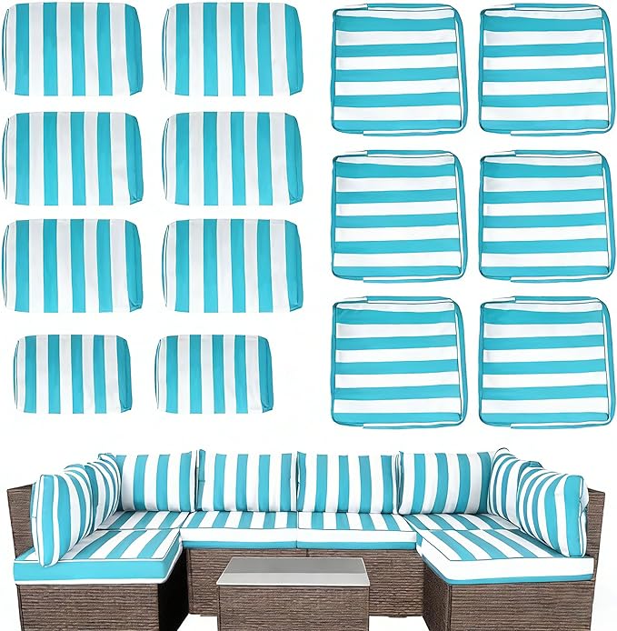 Outdoor Cushion Covers for Patio Furniture, Patio Cushion Covers Replacement with Zipper, Waterproof & Fade Resistant,Only Cover (Lake Blue and White Stripes, 25.6Lx25.6Wx4H - Only Covers)