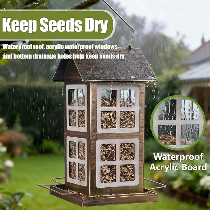 Bird Feeders, Heavy Duty Metal Bird Feeder for Outdoors Hanging, Weatherproof Large Capacity Wild Birdfeeder for Outside Garden Yard, Country House Shape (Vertical)