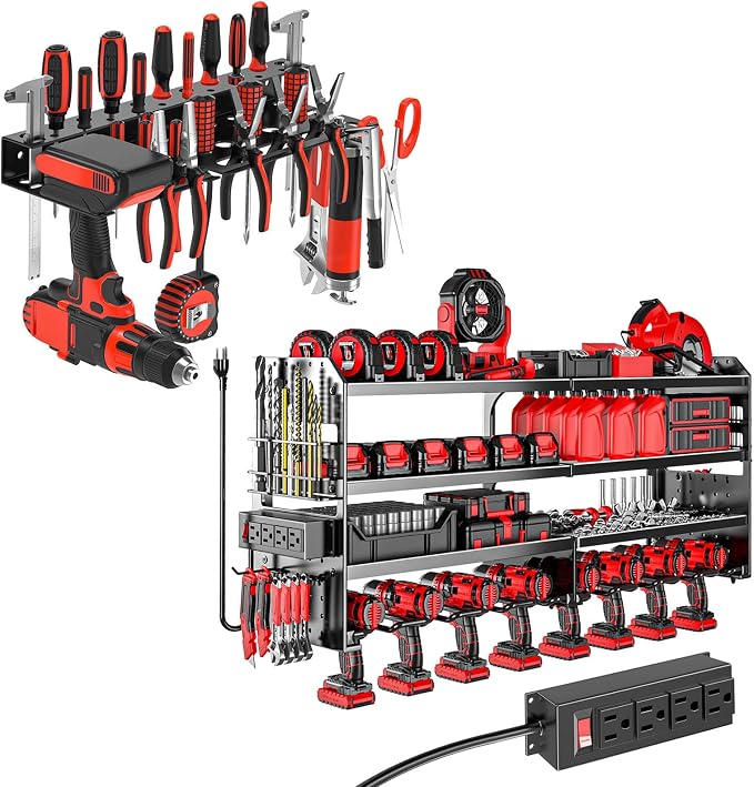 Large Power Tool Organizer Wall Mount with Charging Station, Metal Screwdriver Organizer, Wall Mount Plier Organizer Hammer Holder