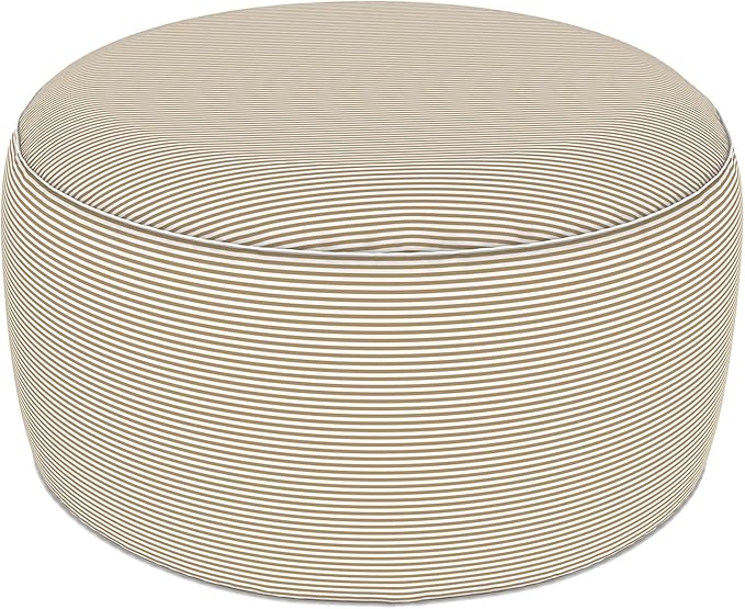 LVTXIII Indoor/Outdoor Large Inflatable Ottoman Pouf D31 x H14 Inch, Round Footstool with Handle, Weather-Resistant Portable Furniture for Patio, Camping, Beach, Stripe Beige