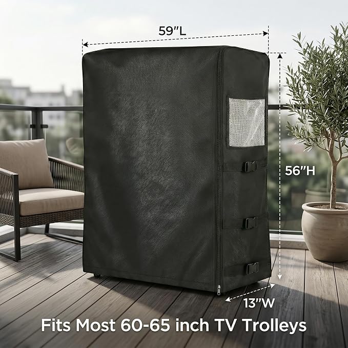 60-65-inch Outdoor TV Trolley Cover, All-Weather Waterproof and Windproof Cover for Casters, Heavy-Duty Oxford Fabric for Mobile TV Carts, with Zipper & Windproof, 59" L x 13" W x 56" H