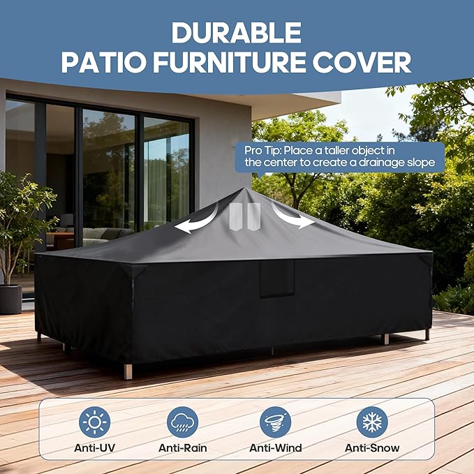 DUMOS Outdoor Furniture Cover, Rectangular Heavy Duty 600D UV Resistant & Waterproof Patio Furniture Covers for Deck Table and Chairs, Backyard Patio Dining Sets, 126"L x 63"W x 28"H, Black