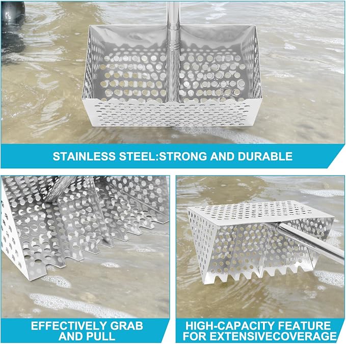 65Inch Sand Rake for Beach, Sand Scoop Rake Stainless Steel with an 11-Inch Sand Sifter and a 10.6-Inch Sand Rake, Perfect for Collecting Seashells Cleaning up Broken Shells and Debris on The Beach