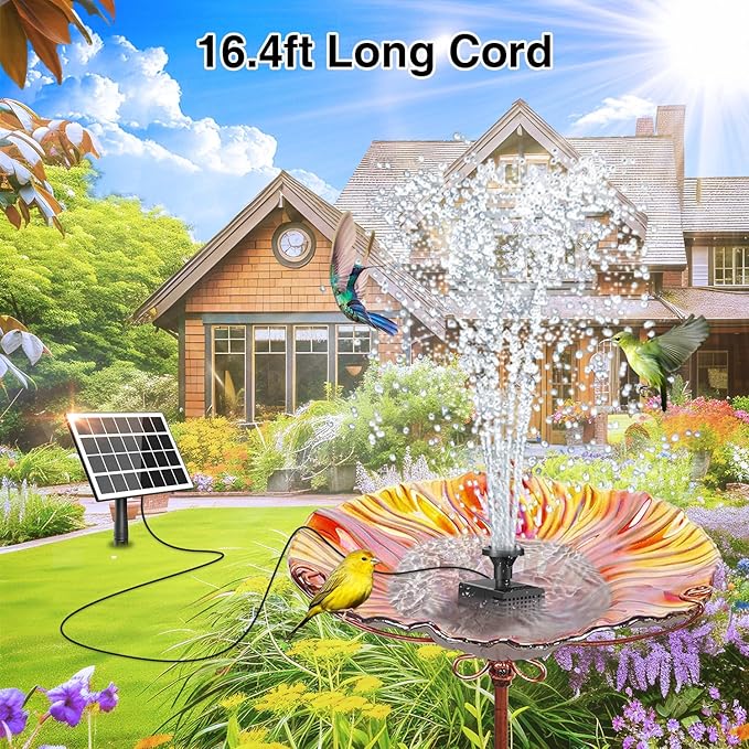 Jutai Solar Fountain Works in Cloudy Day with 2000mAH Battery Backup, 3.5W Glass Panel DIY Water Pump Kit with Sucker and Stake for Bird Bath, Water Feature,Garden, Outdoor-7 Nozzles,16.4ft Power Cord