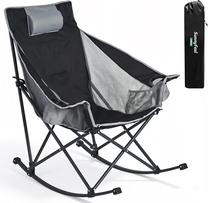 SUNNYFEEL Oversized Rocking Camping Chair, Fully Padded Patio Chair with Side Pocket, High Back Portable Lawn Recliner with Headrest, Outdoor Camp Rocker Chairs for Adults Heavy Duty 500 LBS Carry Bag
