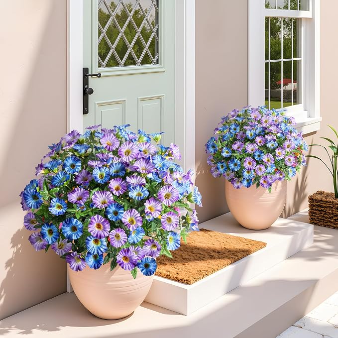 Blue Purple Artificial Morning Glory Flowers for Outdoor Planters, Premium UV Resistant Silk Faux Flowers for Porch, Hanging Basket & Window Box, Cottage Garden Decor, No Pot, 13.3 Inch, 8 Bundles