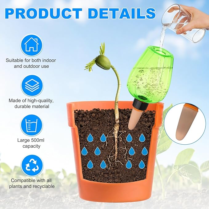 M METERXITY 3-Pack Plant Self Watering Globes, 5.1 oz Plastic Rose Water Bulbs Top Fill for Indoor/Outdoor Plants, Self Watering Spikes Slow Release Terracotta [Green]