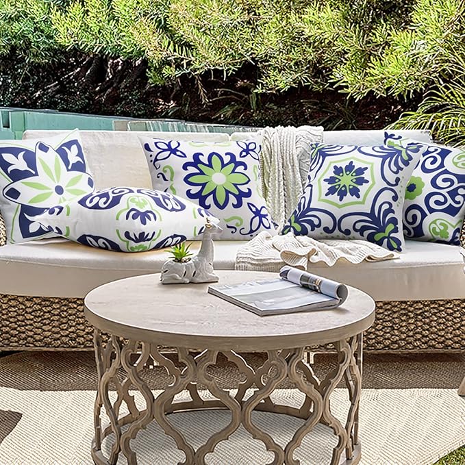 Pyonic Outdoor Pillow Covers 16x16 Set of 4,Spring Summer Foral Garden Waterproof Throw Pillow Covers Cushion Covers for Patio Couch Tent,Navy Blue