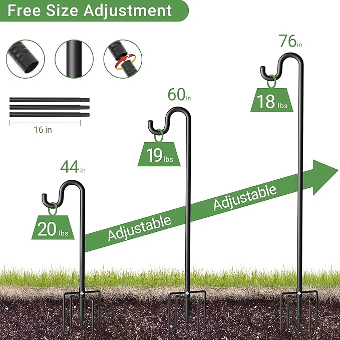 76" Shepherds Hooks for Outdoor, Extra Thick Bird Feeder Pole with 5 Prong Base, Adjustable Shepards Hook for Garden, Weddings, Hanging Plant