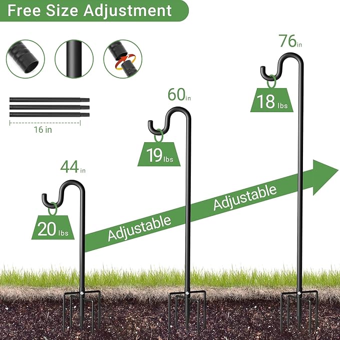 76" Shepherds Hooks for Outdoor, Extra Thick Bird Feeder Pole with 5 Prong Base, Adjustable Shepards Hook for Garden, Weddings, Hanging Plant