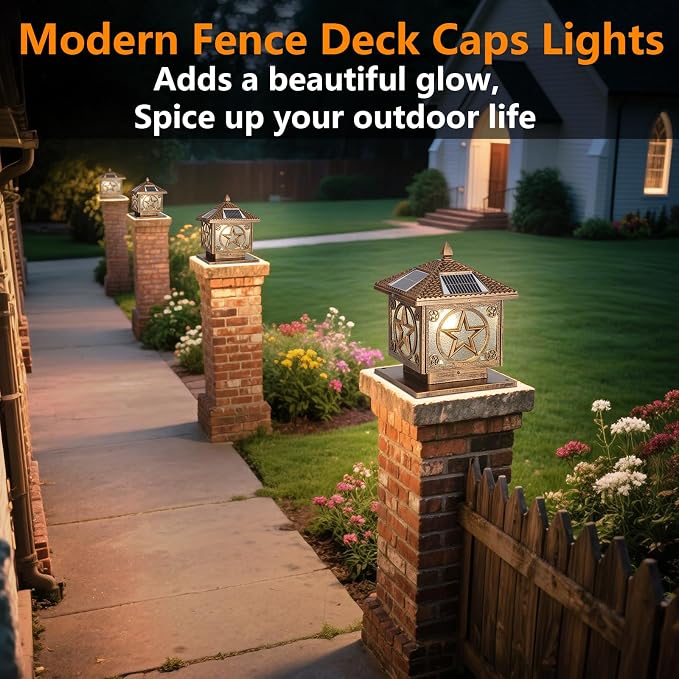 Solar Post Cap Light Modern Outdoor Fence Deck Column Cap Lamp Fence Deck Pillar Lantern Outside Housing Patio Landscape Lighting Flat Surface Posts Garden Decor IP65 Waterproof Entrance Pathway Lamps