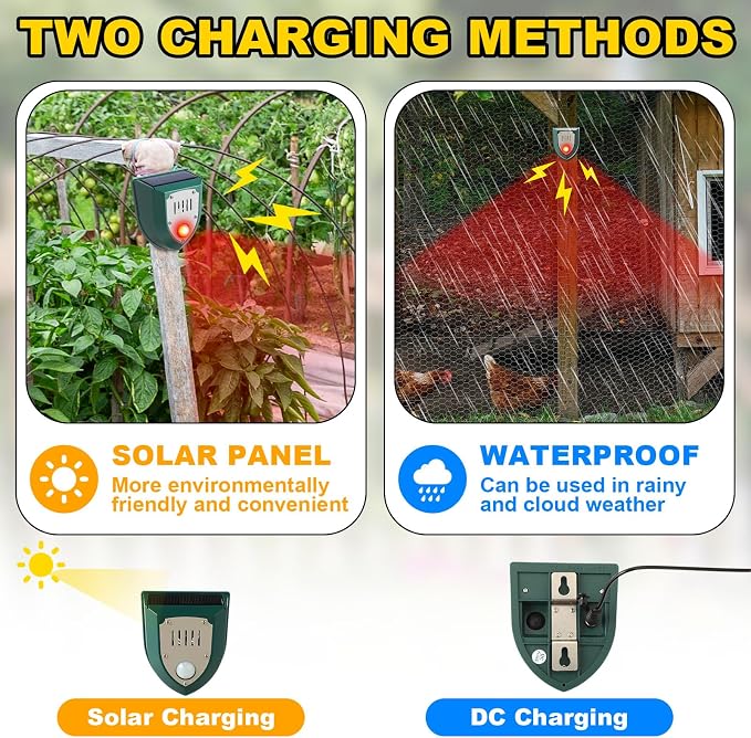 6 Pack Solar Motion Sensor Alarm Detector Outdoor Ultrasonic Animal Repellent with 129db Sound LED Strobe Light Outdoor Security Siren Deer Deterrent Raccoon Repeller for Home Yard Garden Farm